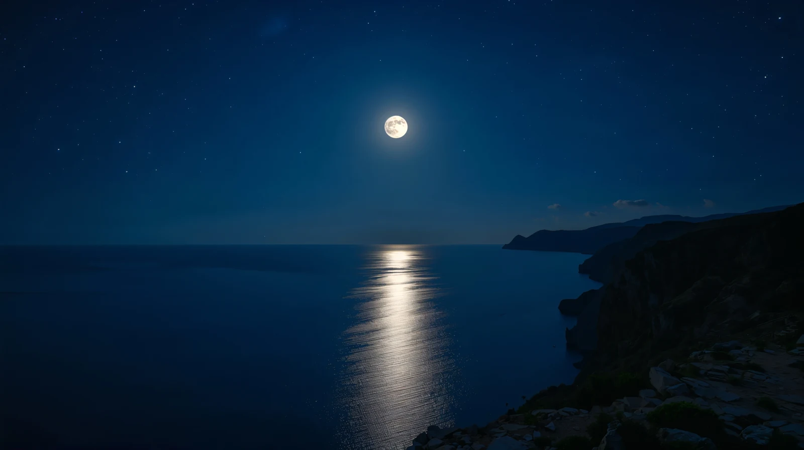 満月に照らされた夜の海。水面に月光の帯が伸びている